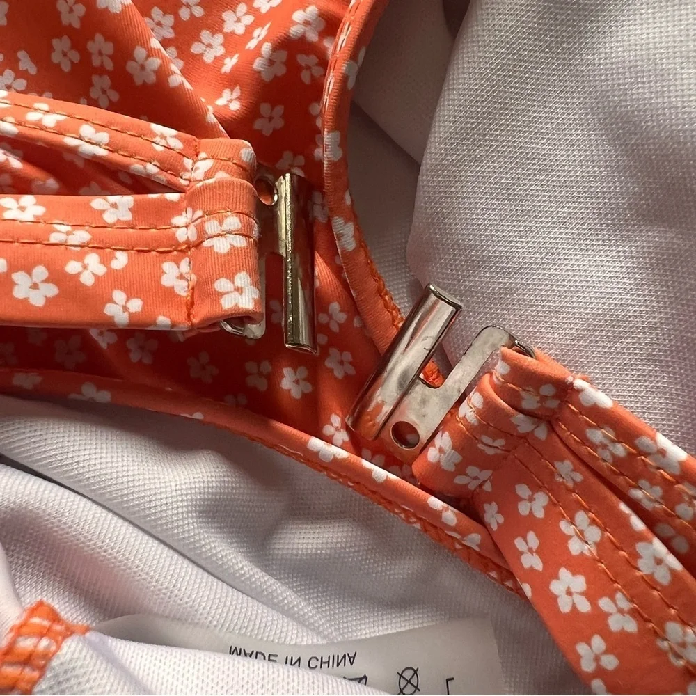 Ruffle sleeve top orange floral bikini set, Large